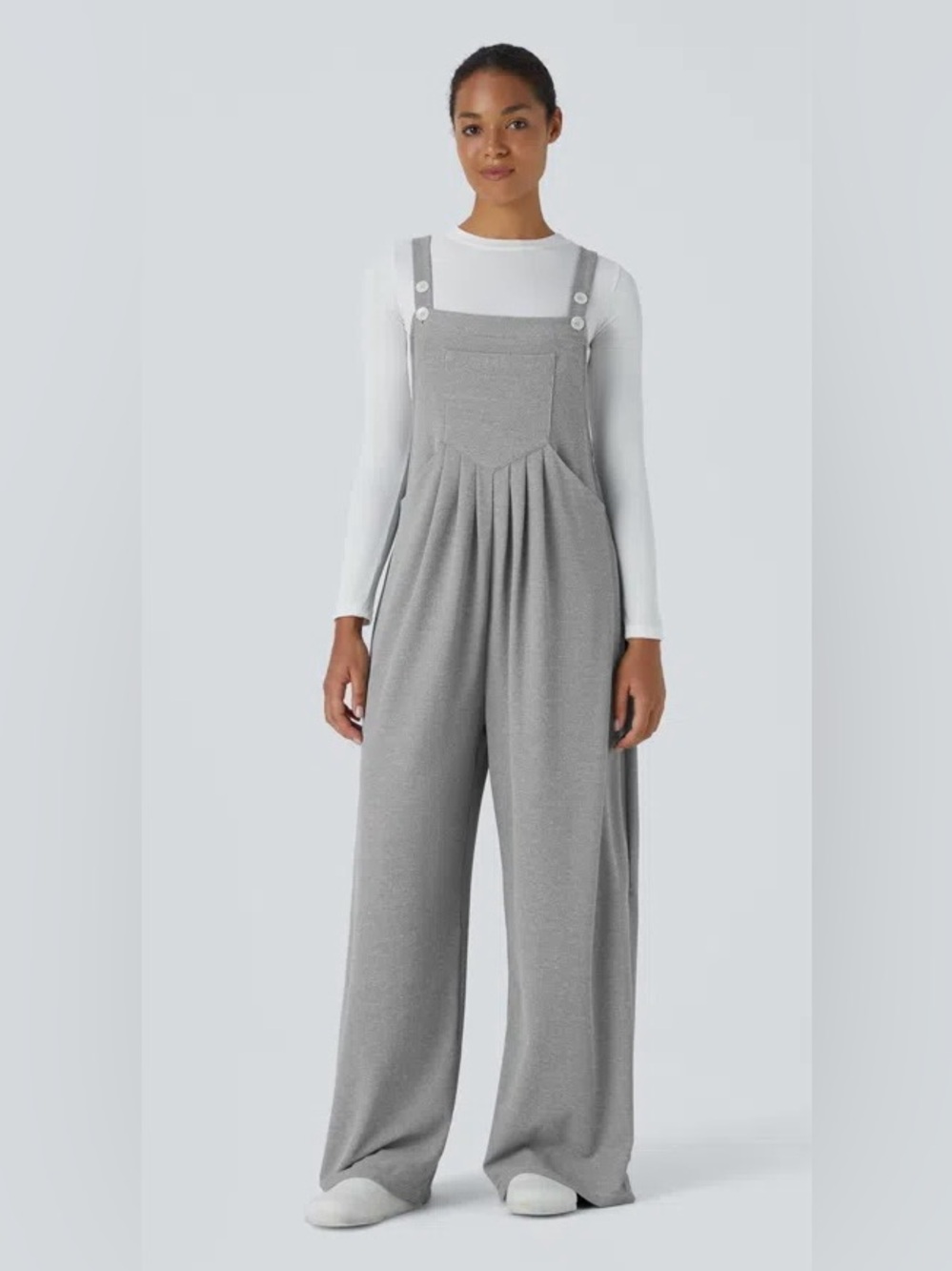 NWT HALARA Grey Waffle Wide-Leg Jumpsuit with Pleated Bib